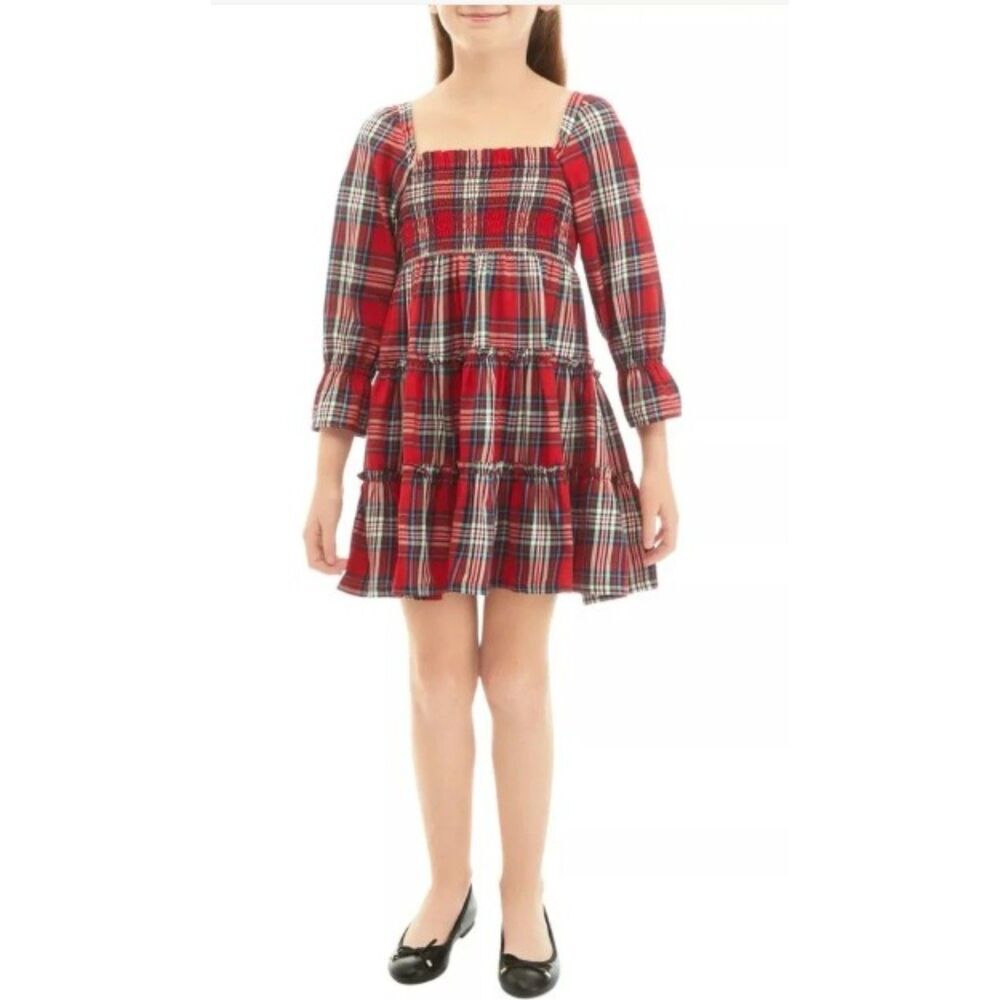 NEW Girls Sz XL Plaid Square Neck Smocked Tiered Christmas Dress CROWN & IVY